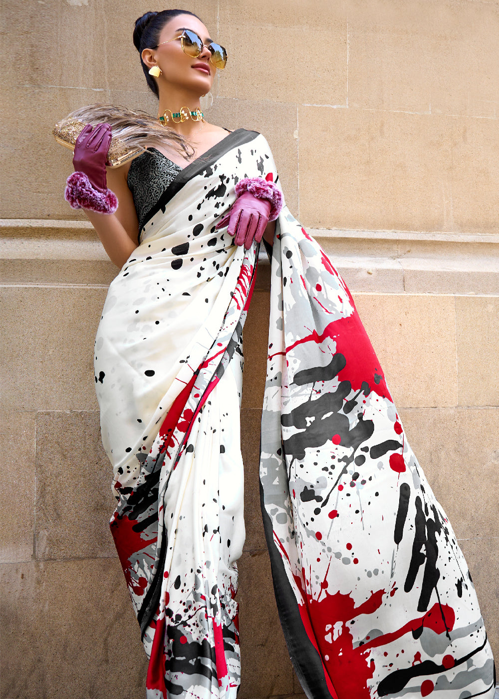 Buy MySilkLove Black White Printed Satin Crepe Sarees Online