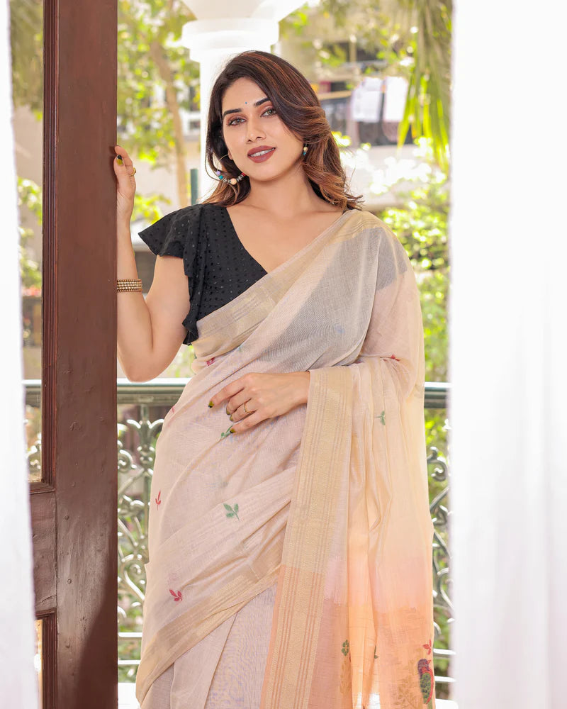 Buy MySilkLove Wheat Cream and Peach Woven Muga Cotton Saree Online