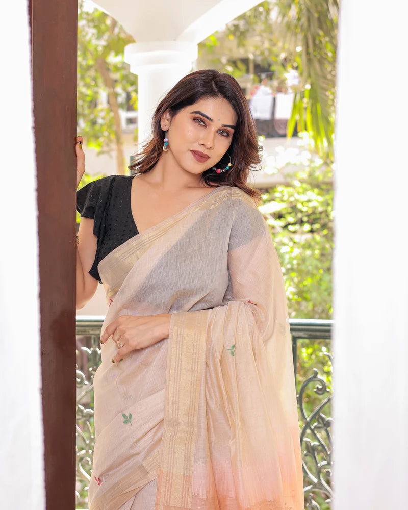Buy MySilkLove Wheat Cream and Peach Woven Muga Cotton Saree Online