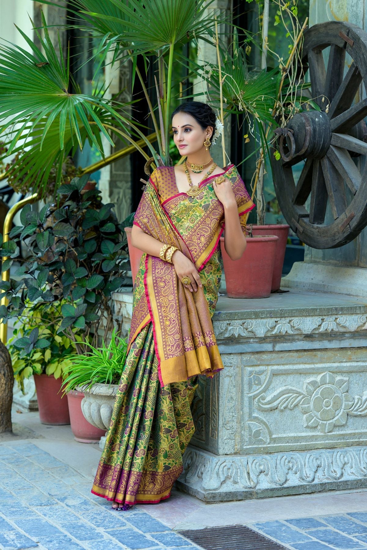 Buy MySilkLove Yellow Oleander and Purple Woven Kanjivaram Saree Online