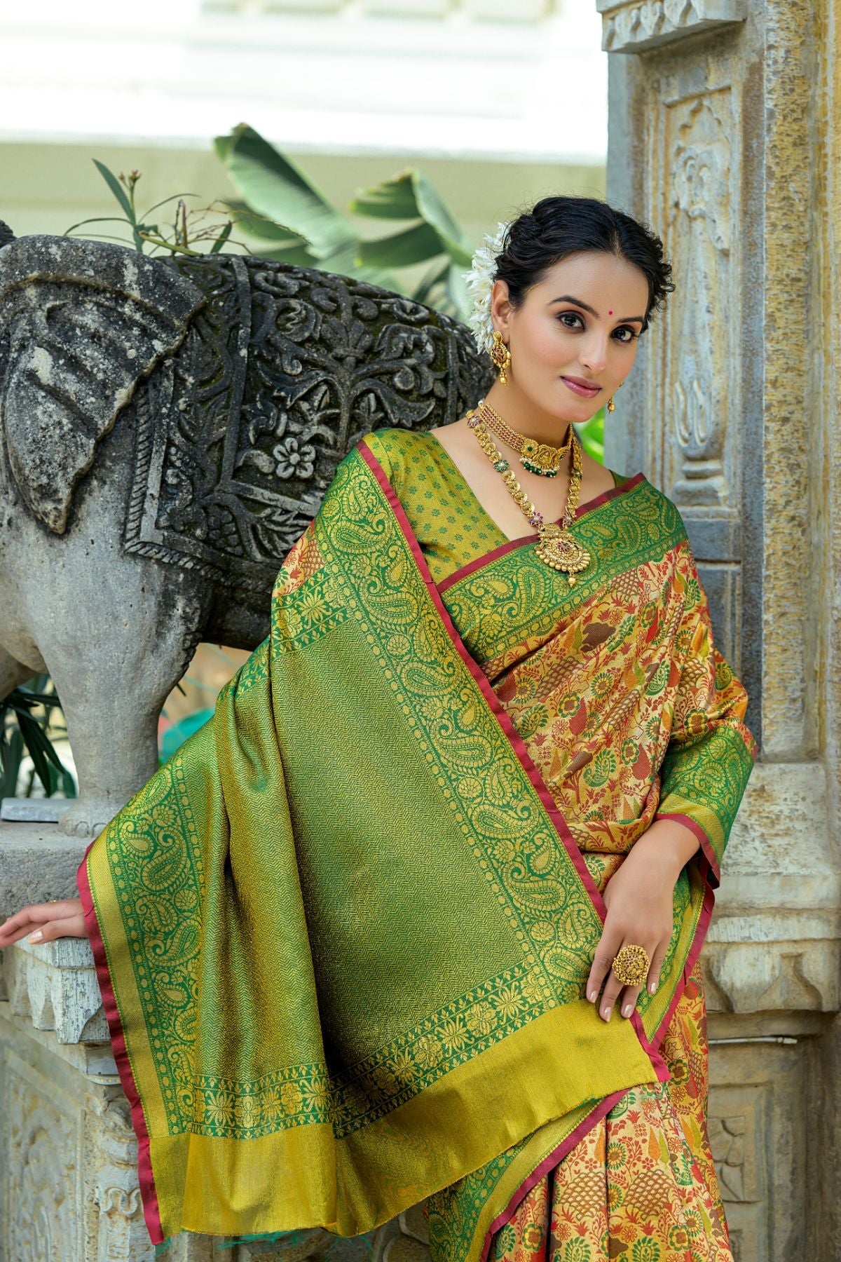 Buy MySilkLove Lady's Mantle Yellow and Green Woven Kanjivaram Saree Online