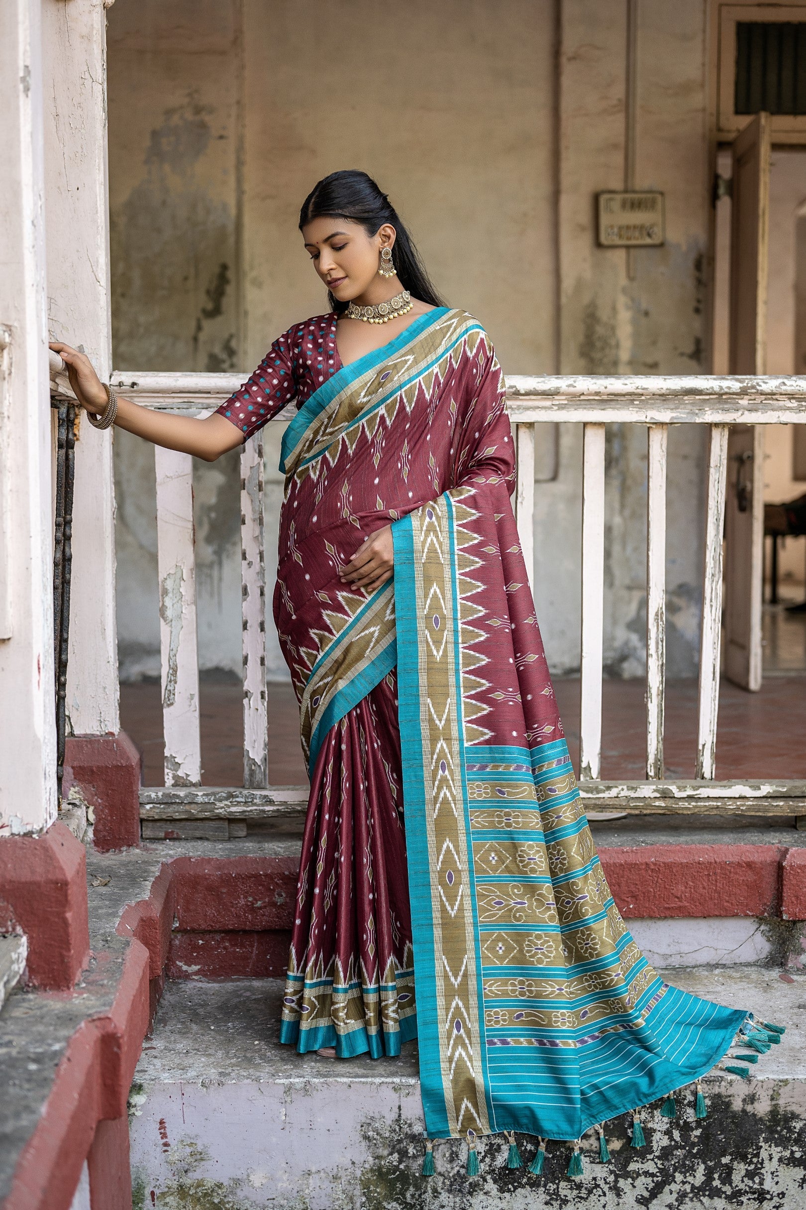 Buy MySilkLove Tosca Maroon Ikkat Printed Cotton Silk Saree Online