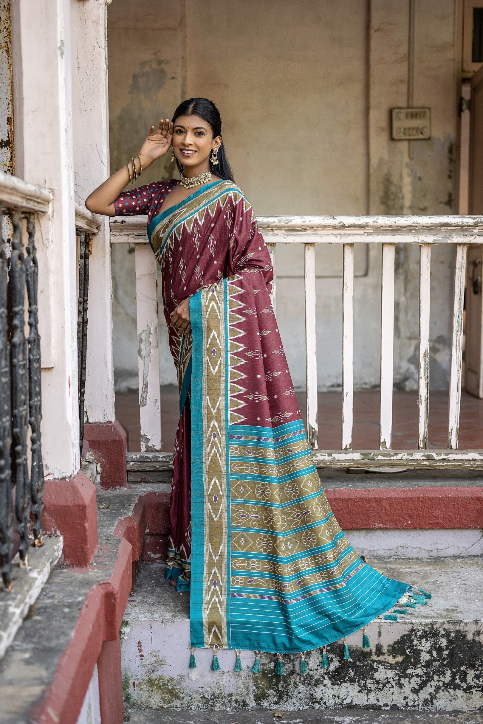 Buy MySilkLove Tosca Maroon Ikkat Printed Cotton Silk Saree Online