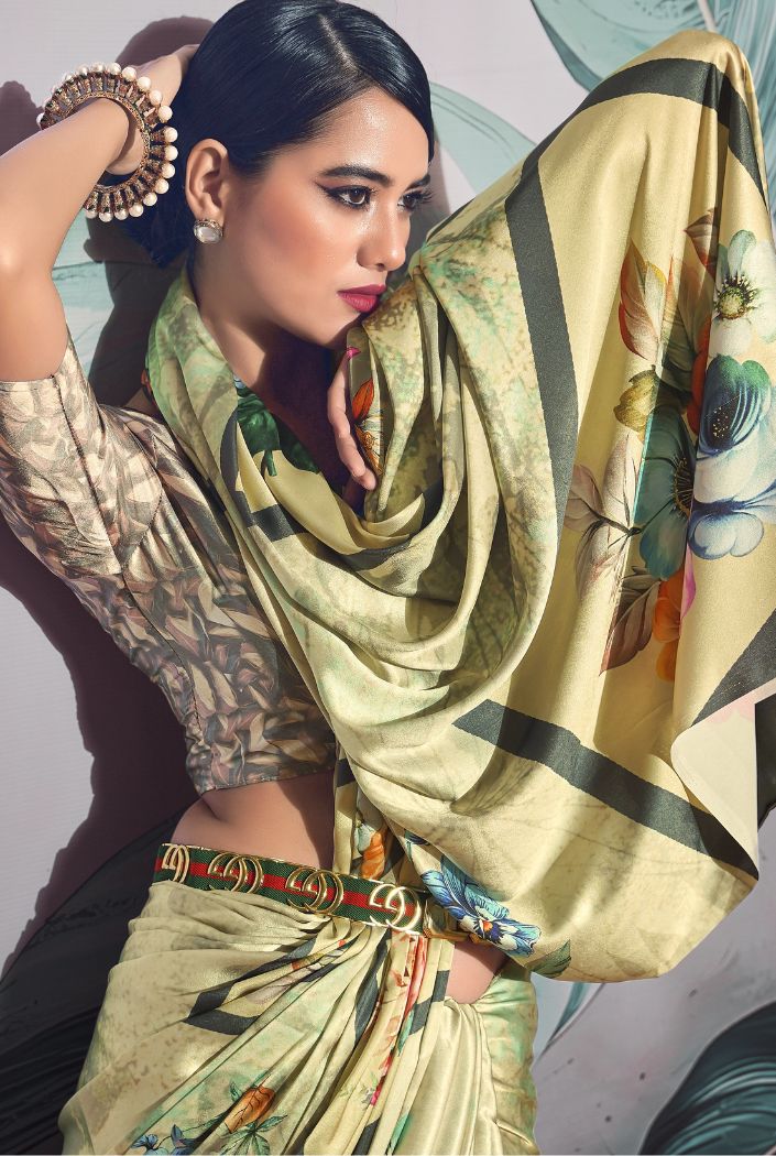 Buy MySilkLove Locust Green Printed Satin Silk Saree Online