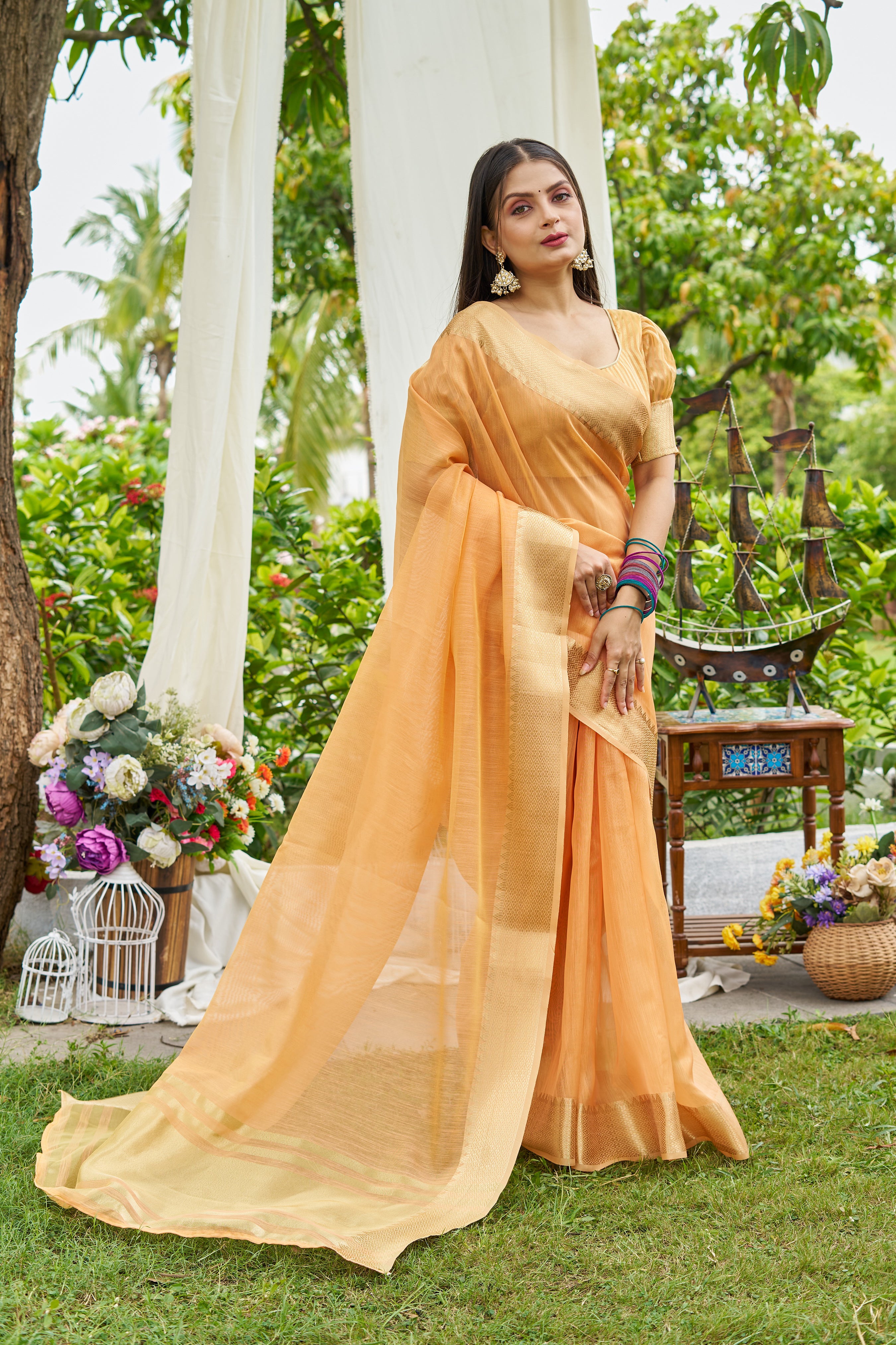Buy MySilkLove Peel Orange Woven Linen Saree Online