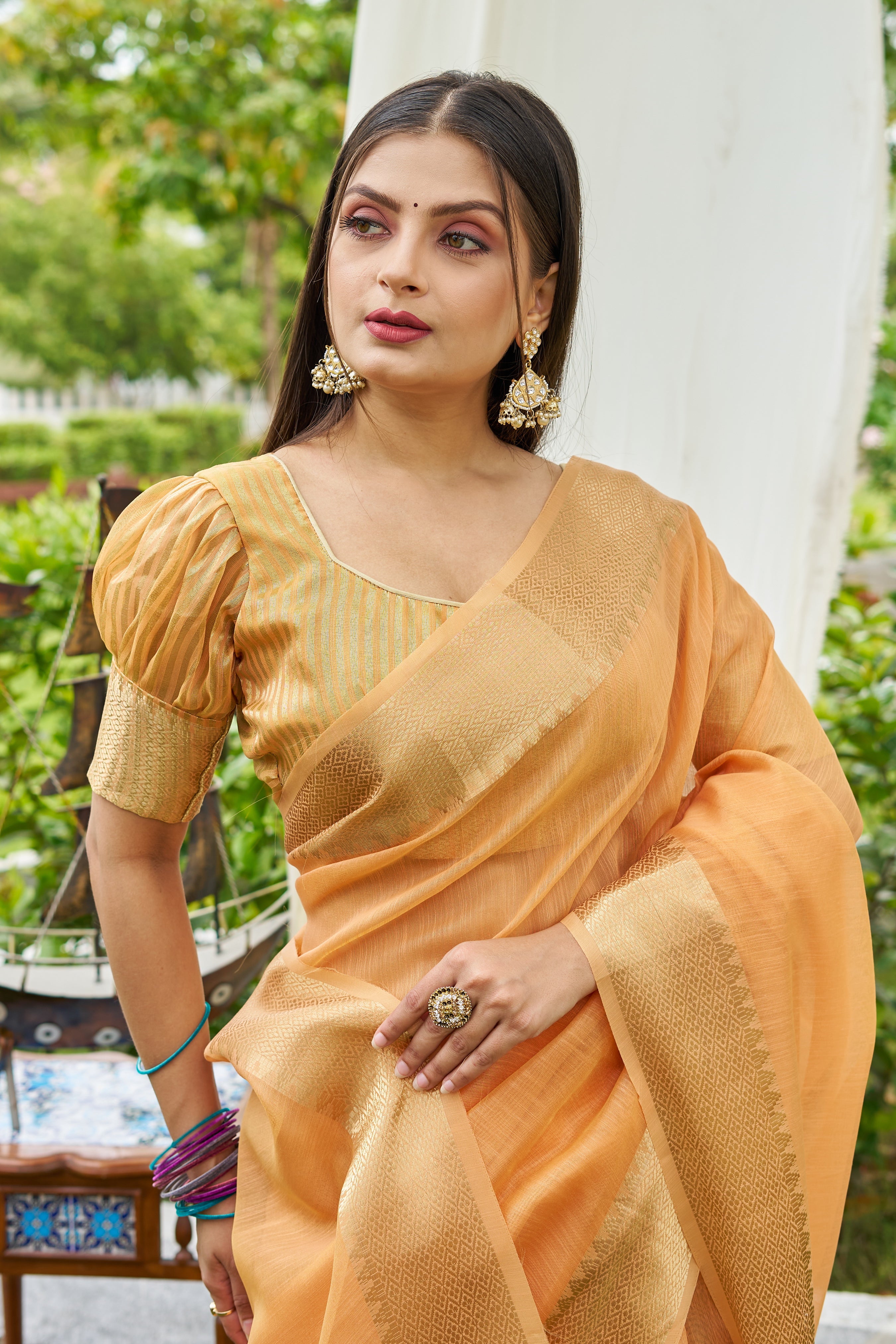 Buy MySilkLove Peel Orange Woven Linen Saree Online