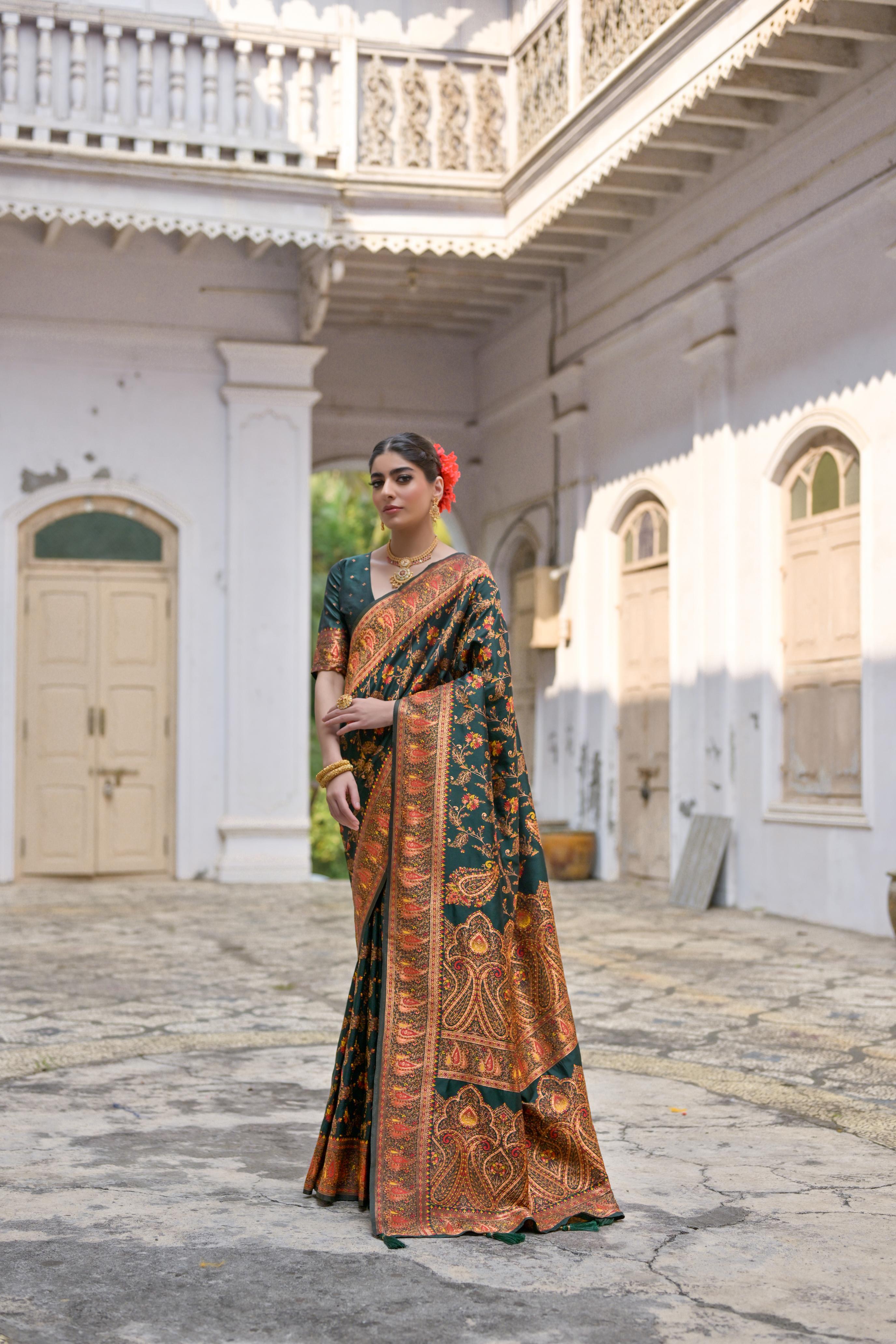 Buy MySilkLove Pine Green Woven Pashmina Silk Saree Online