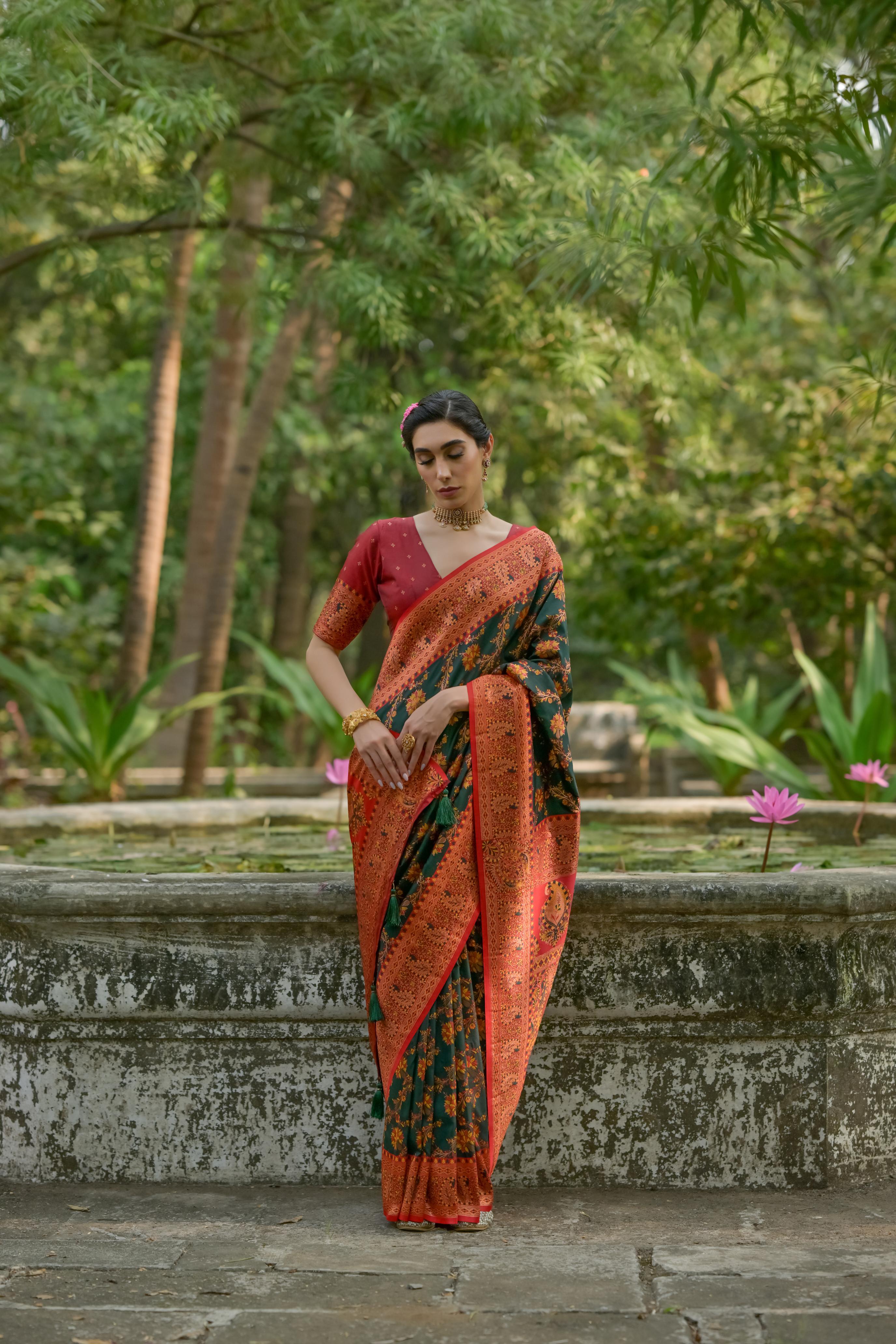Buy MySilkLove Mineral Green Woven Pashmina Silk Saree Online