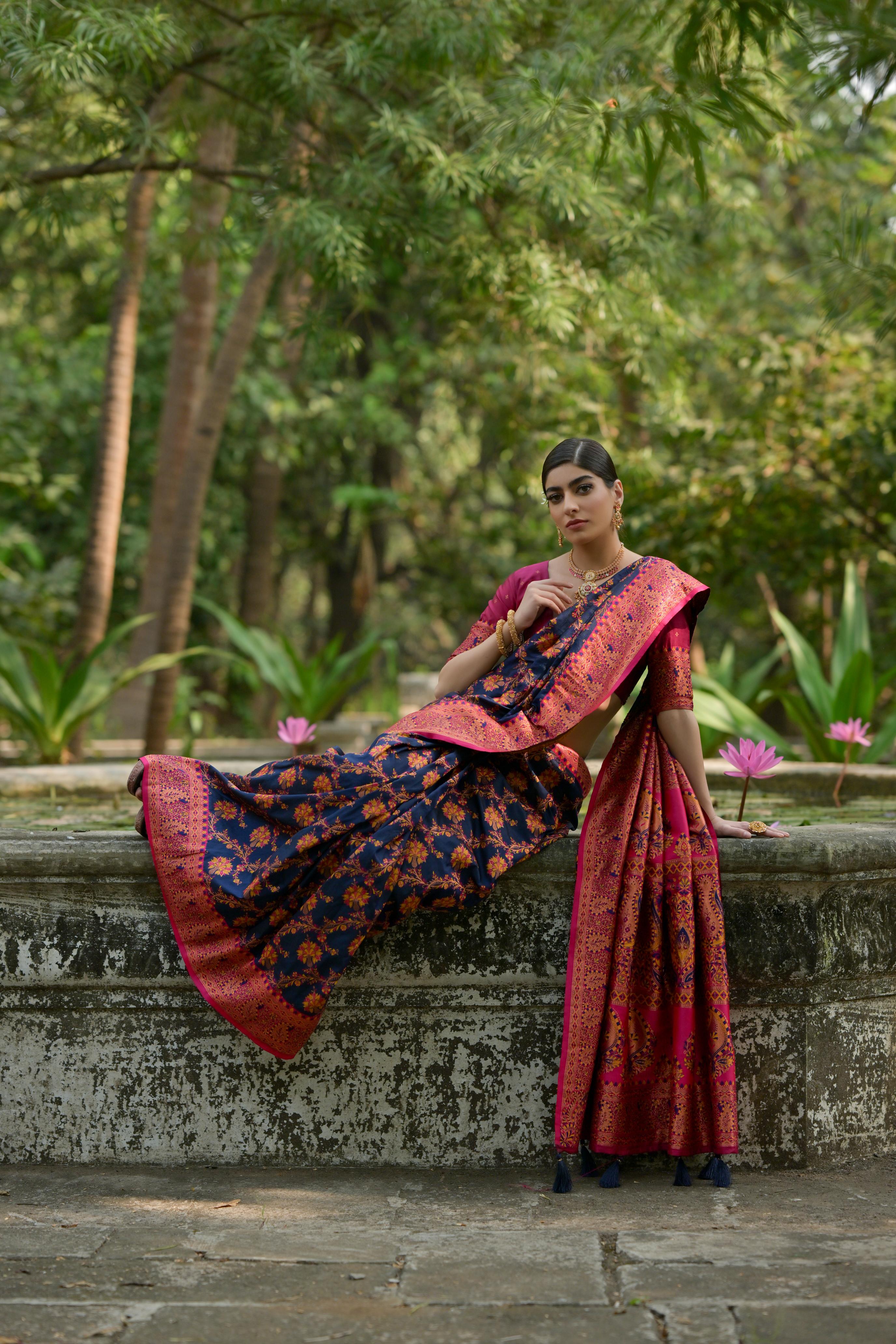 Buy MySilkLove Twilight Blue Woven Pashmina Silk Saree Online