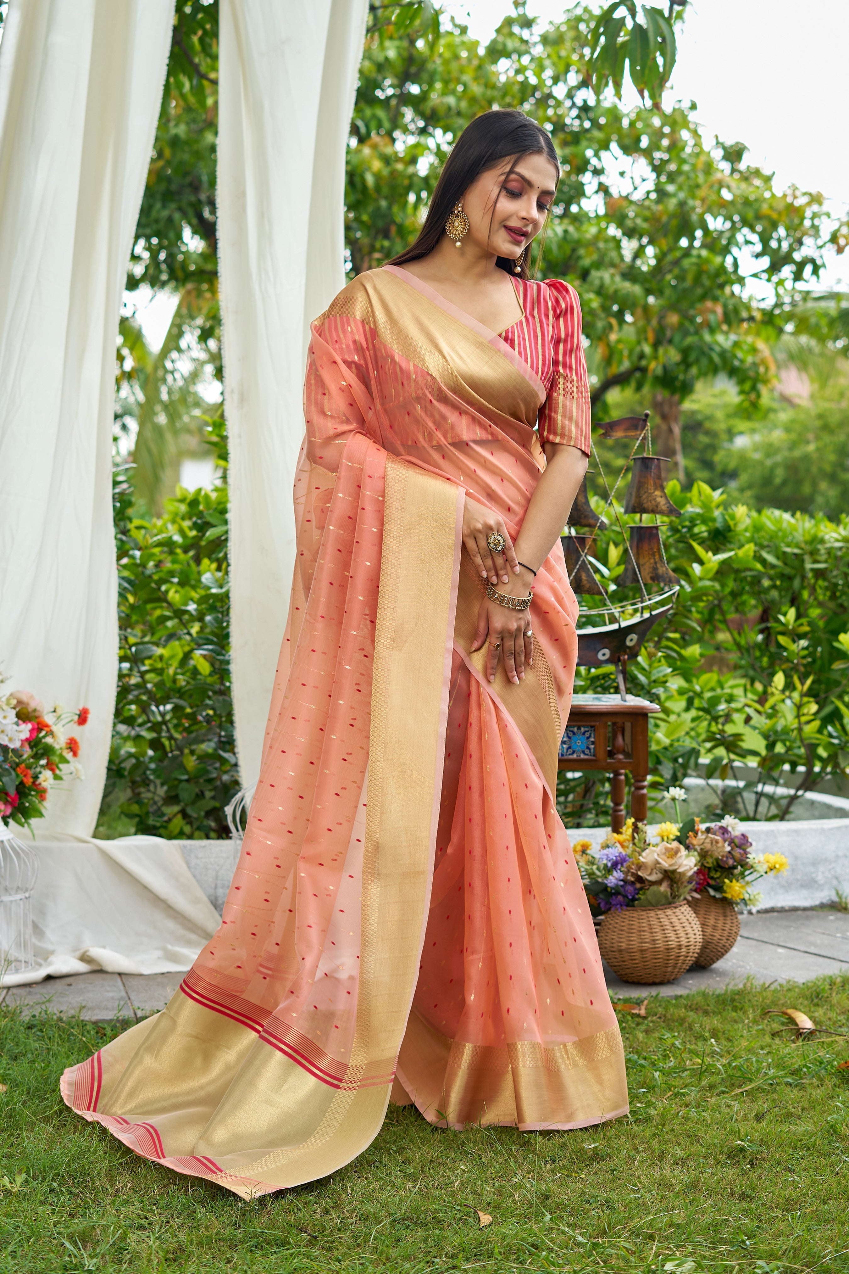 Buy MySilkLove Plum Peach Woven Shimmer Silk Saree Online