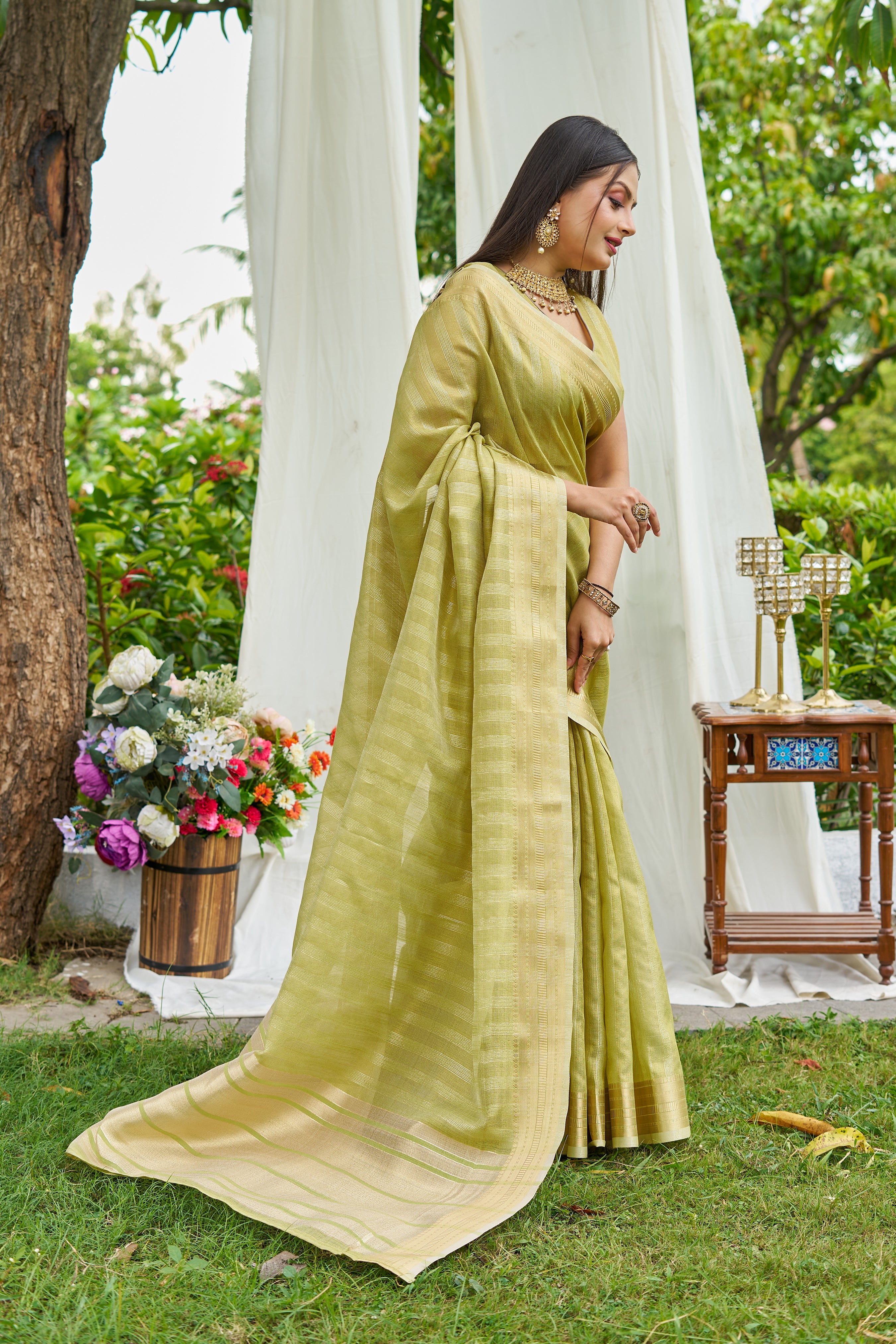 Buy MySilkLove Lizard Green Woven Tissue Saree Online