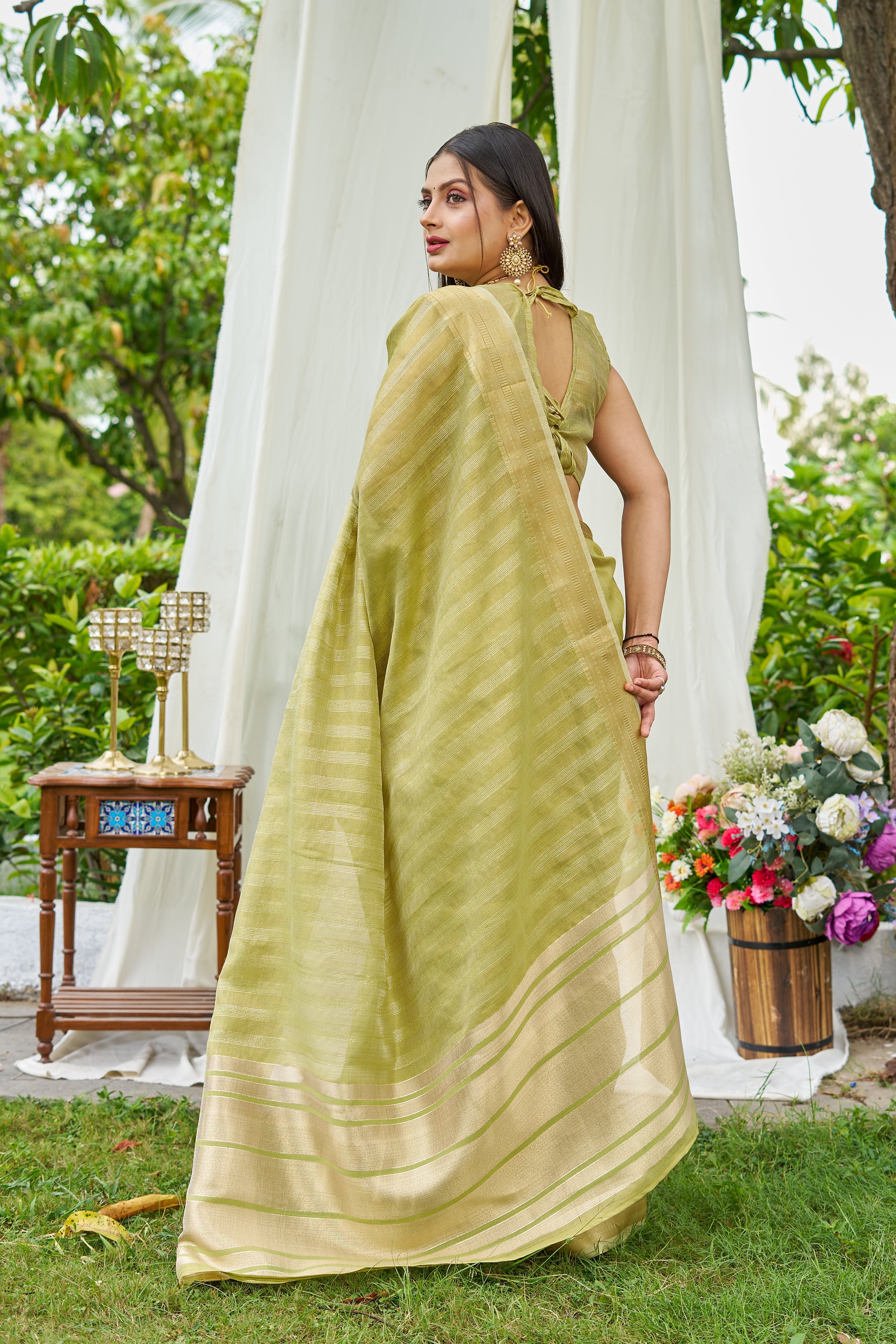 Buy MySilkLove Lizard Green Woven Tissue Saree Online