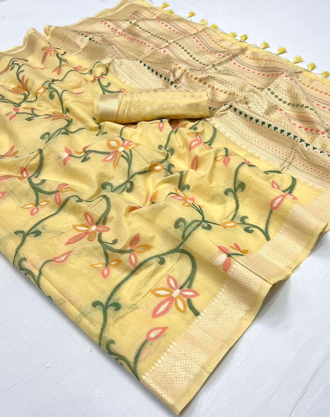 Buy MySilkLove Sapling Yellow Handloom Jamdani Saree Online