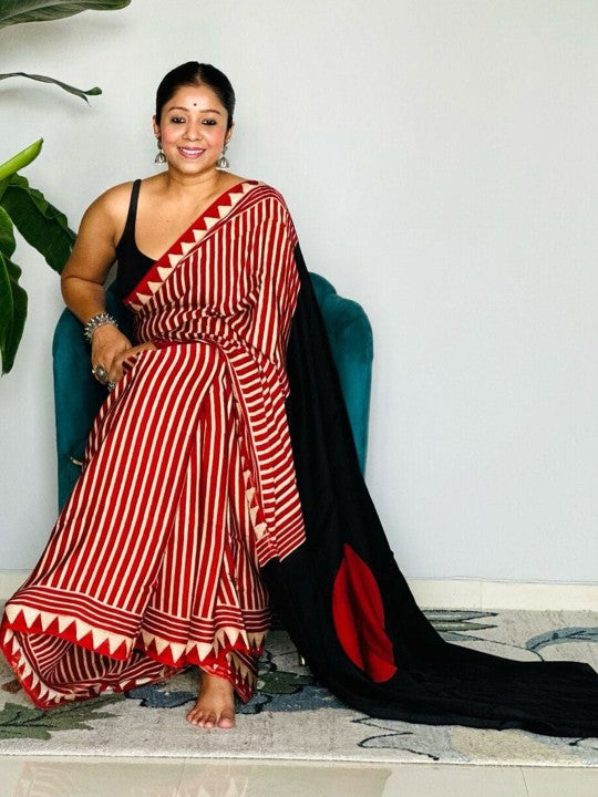 Buy MySilkLove Candy Red Stripes Ajrakh Printed Satin Crepe Silk Saree Online