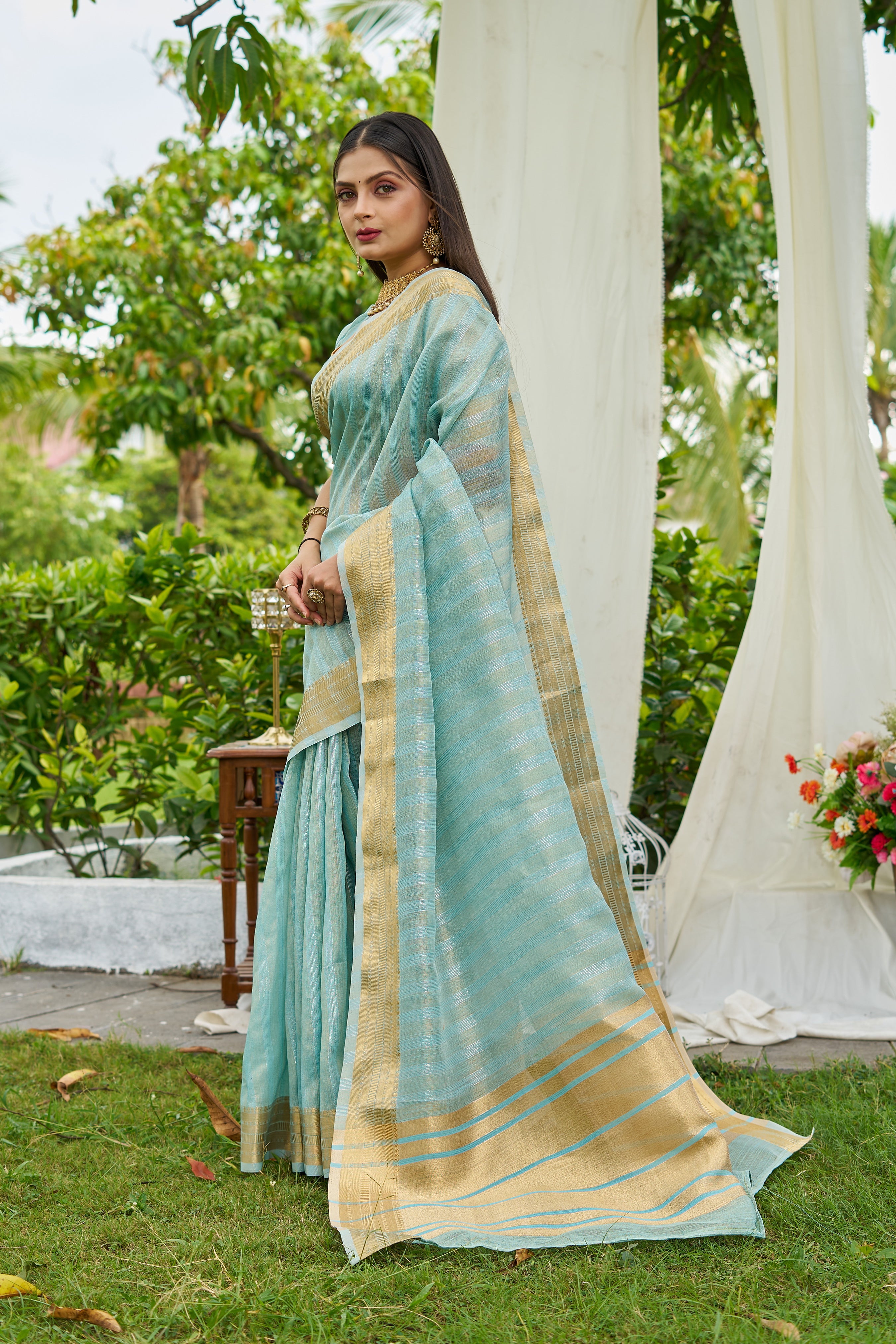 Buy MySilkLove Arctic Blue Woven Tissue Saree Online