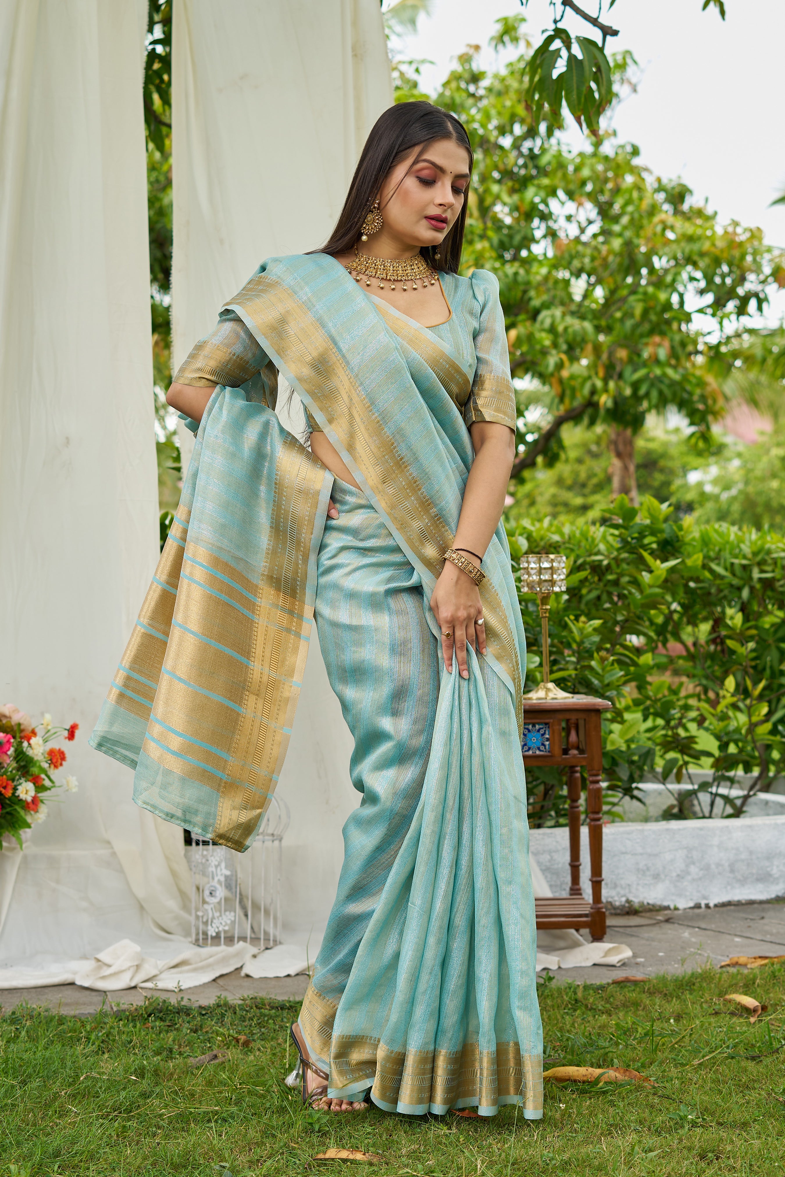 Buy MySilkLove Arctic Blue Woven Tissue Saree Online
