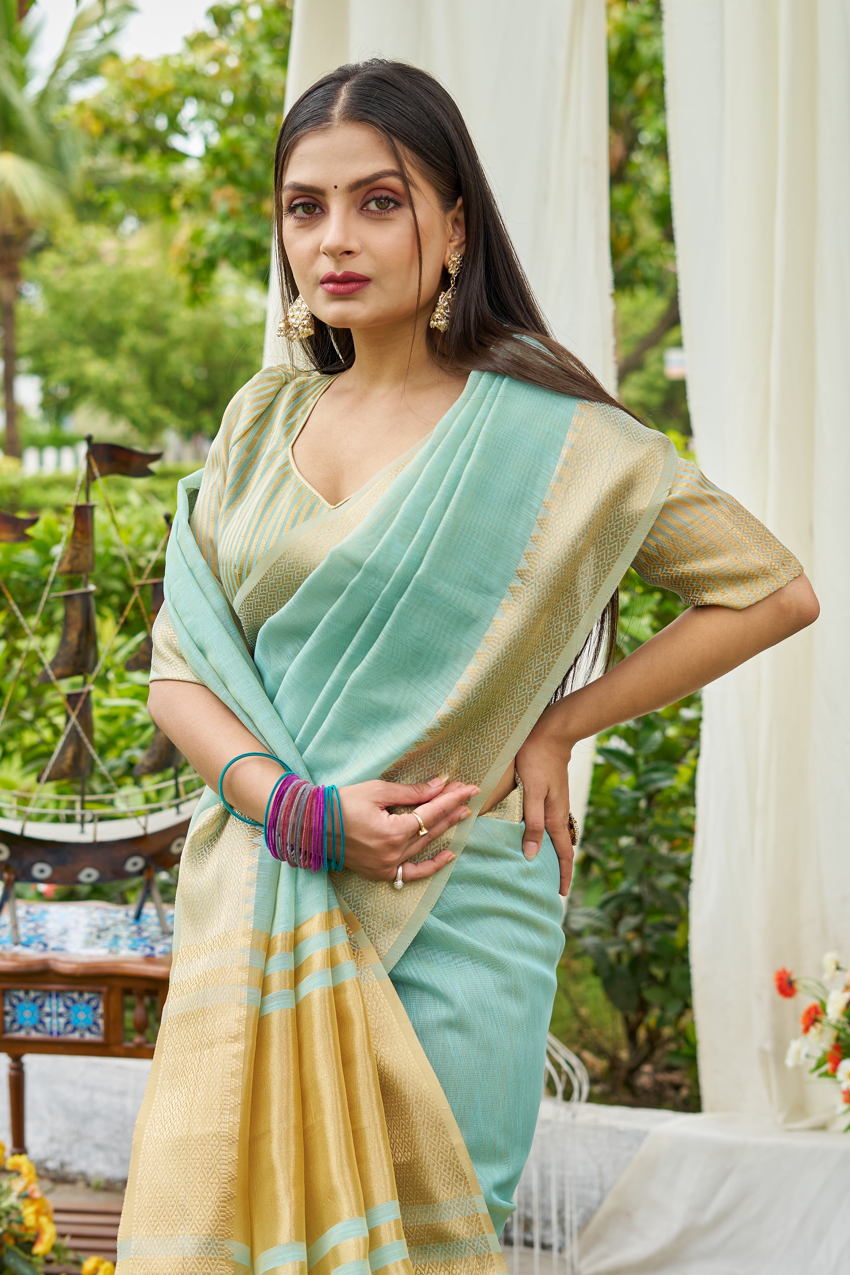 Buy MySilkLove China Blue Woven Linen Saree Online