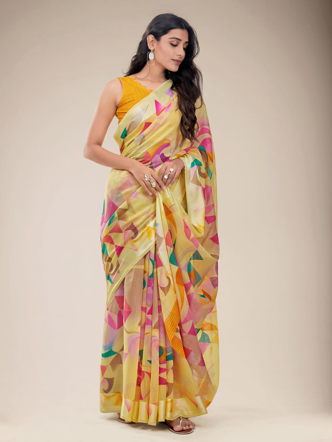 Buy MySilkLove Lemon Yellow Geometric Print Saree Online