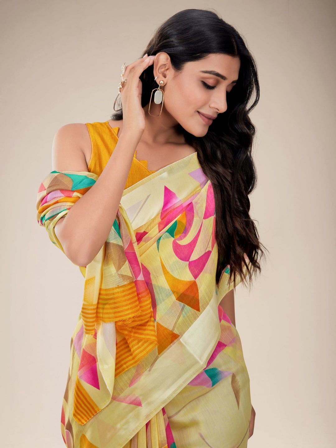 Buy MySilkLove Lemon Yellow Geometric Print Saree Online