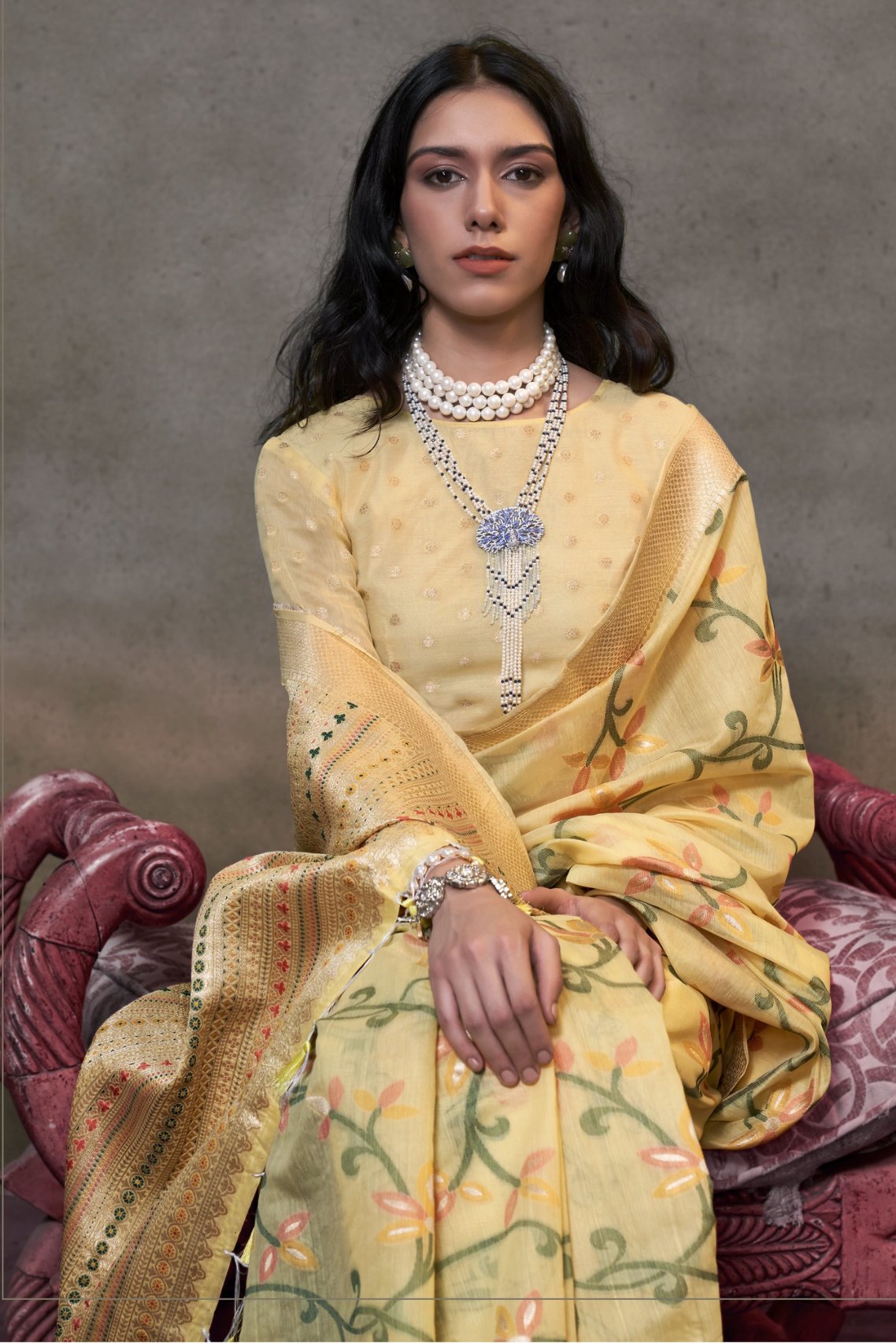 Buy MySilkLove Sapling Yellow Handloom Jamdani Saree Online