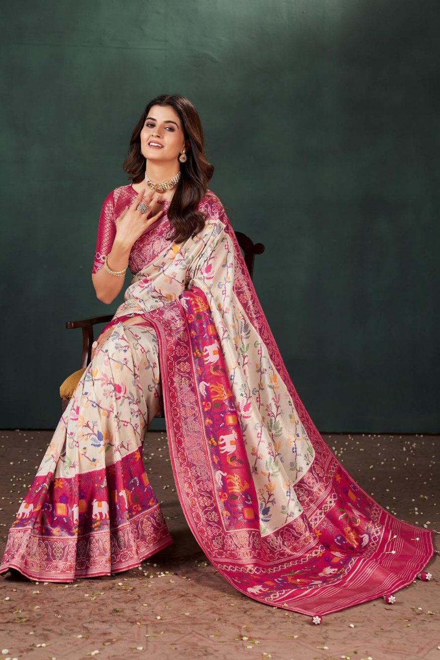 Buy MySilkLove Bone white and Pink Designer Banarasi Saree Online