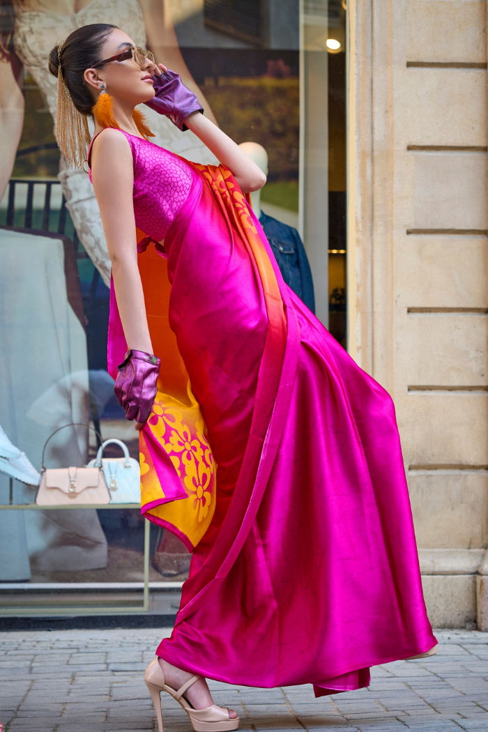 Buy MySilkLove Pizazz Orange and Pink Printed Satin Crepe Saree Online