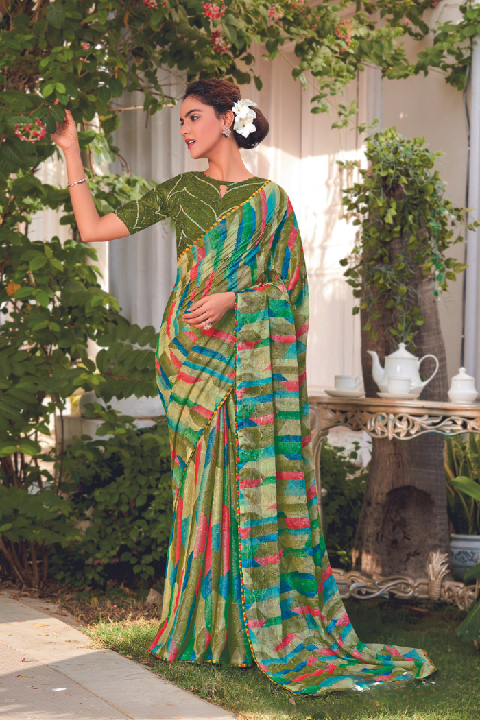Buy MySilkLove Meatl Green Georgette Chiffon Saree Online