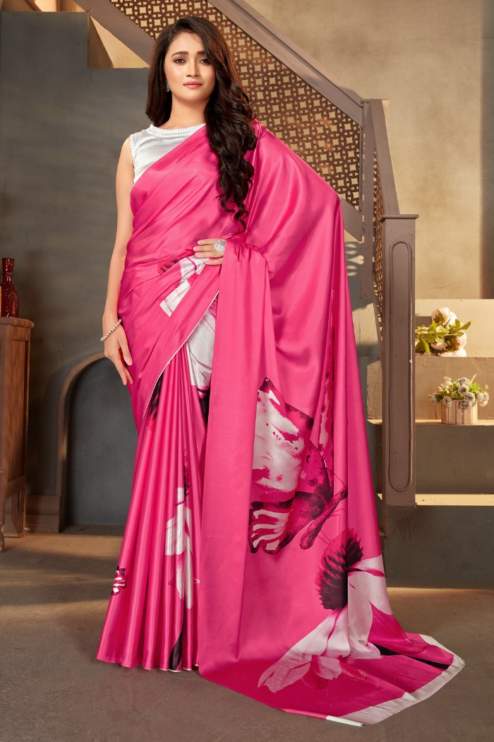 Buy MySilkLove Rose Pearl Pink Printed Satin Crepe Saree Online