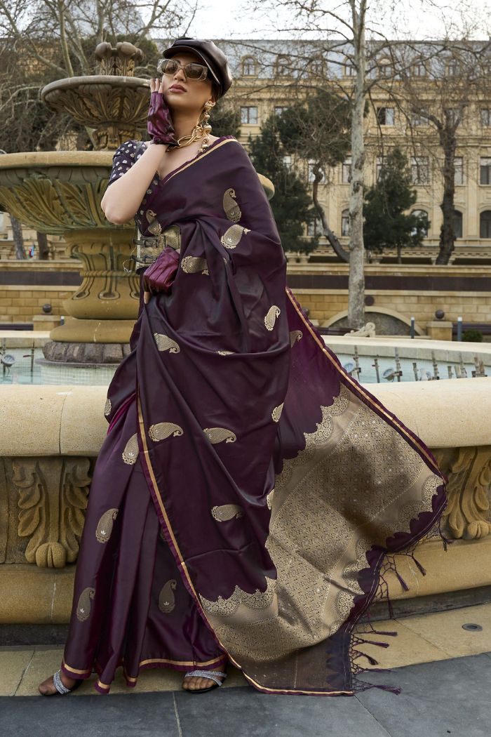 Buy MySilkLove Woody Brown Banarasi Satin Saree Online