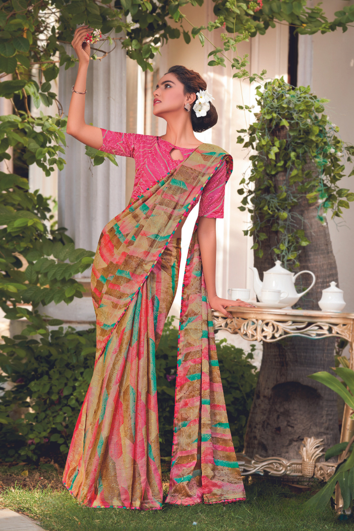 Buy MySilkLove Roman Pink Georgette Chiffon Saree Online