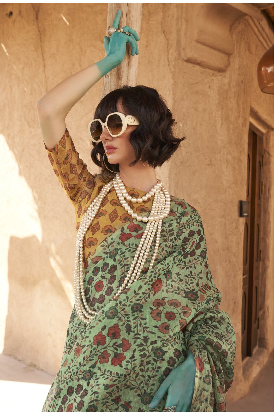 Buy MySilkLove Avocado Green Tissue Handloom Printed Saree Online