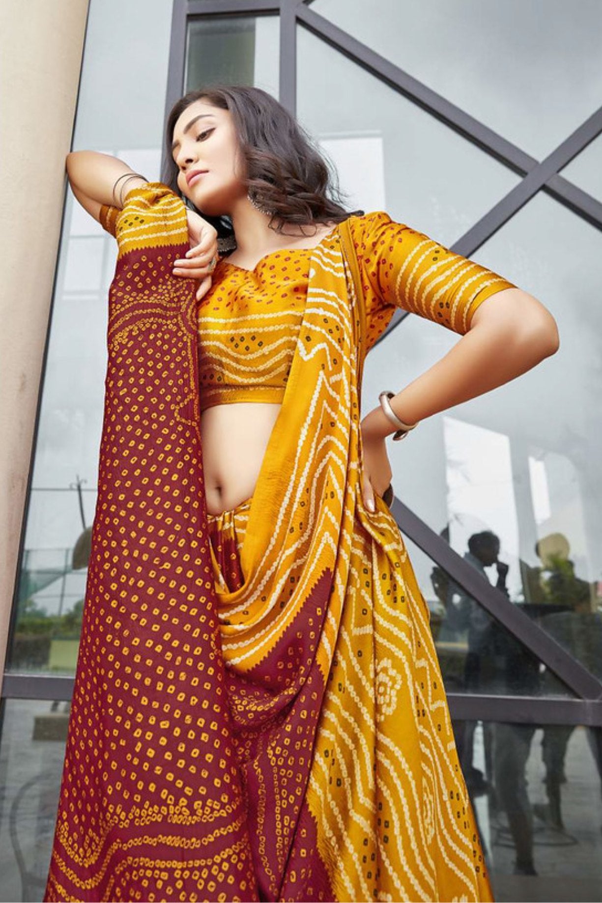 Buy MySilkLove Burnt Umber Maroon and Yellow Gaji Bandhani Silk Saree Online