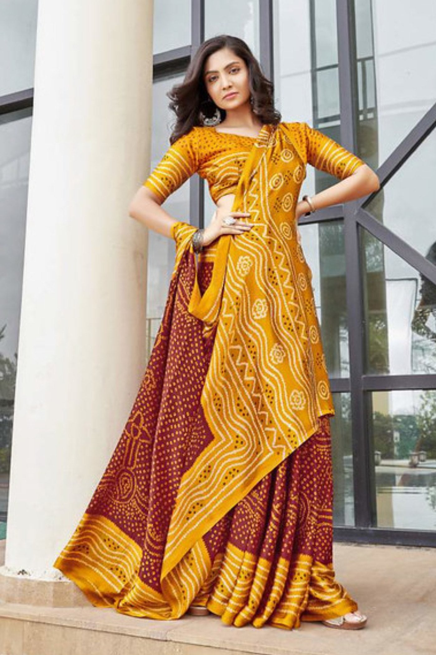 Buy MySilkLove Burnt Umber Maroon and Yellow Gaji Bandhani Silk Saree Online