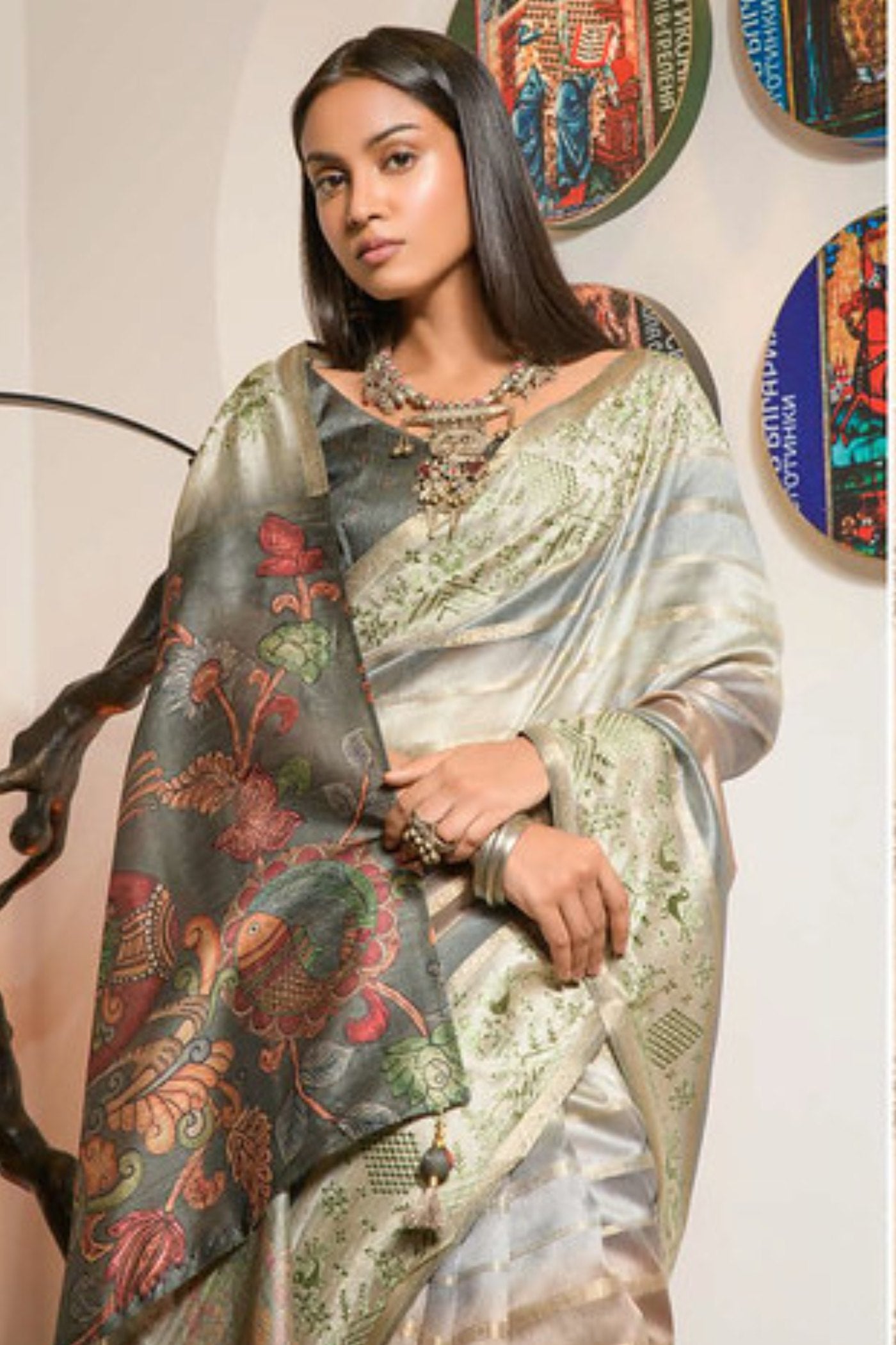 Buy MySilkLove Bison Hide Grey Organza Saree Online