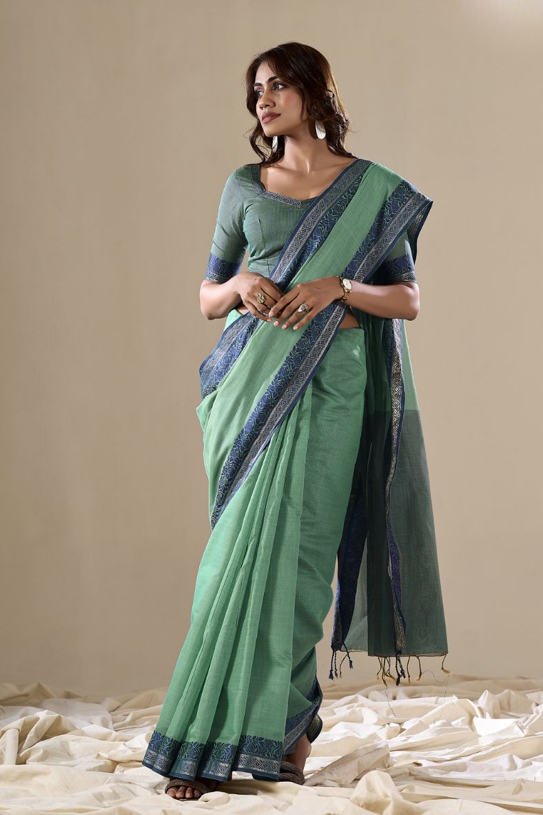 Buy MySilkLove Viridian Green Handloom Cotton Saree Online