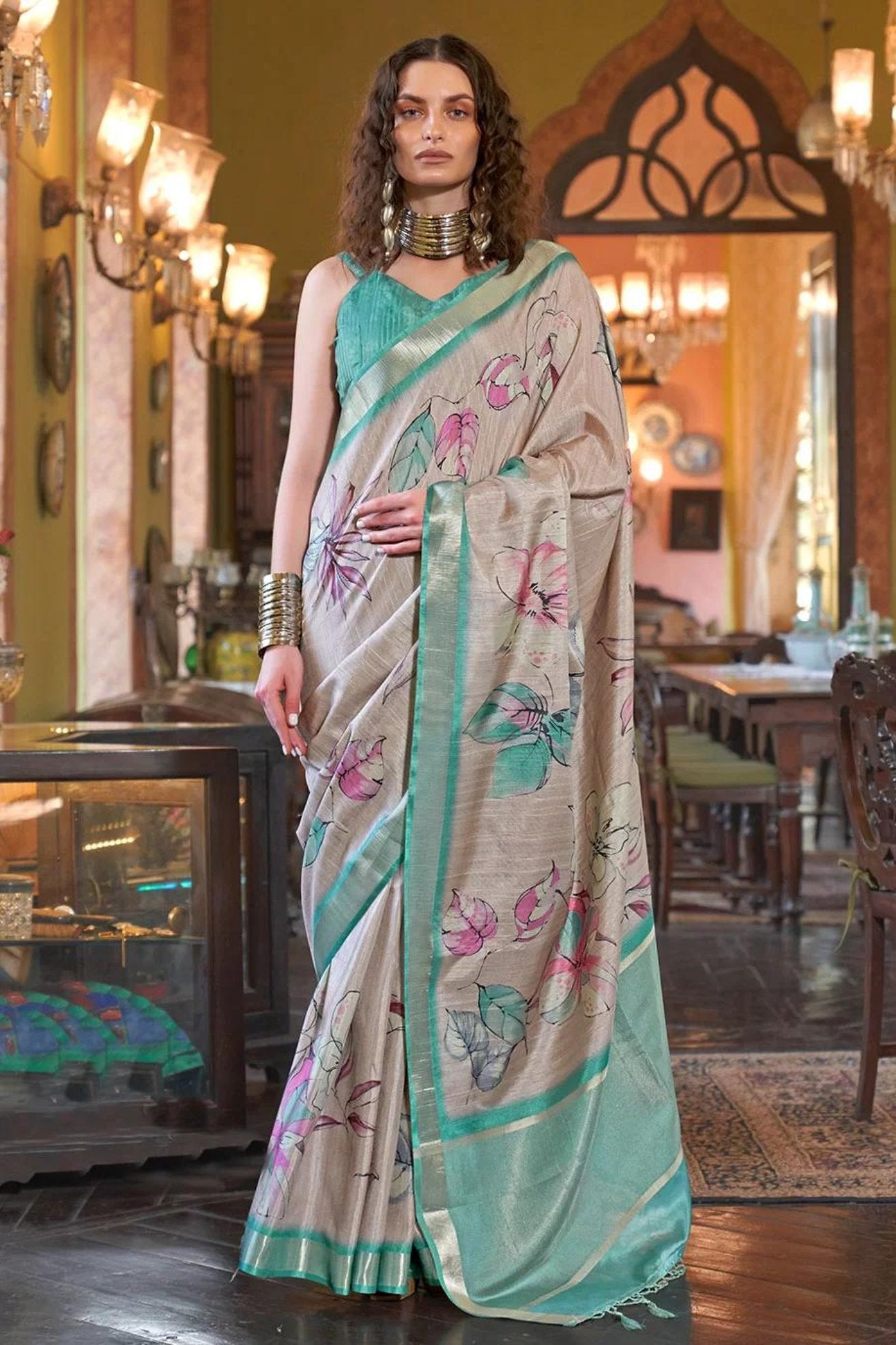 Buy MySilkLove Pastel Grey and Green Banarasi Floral Printed Saree Online