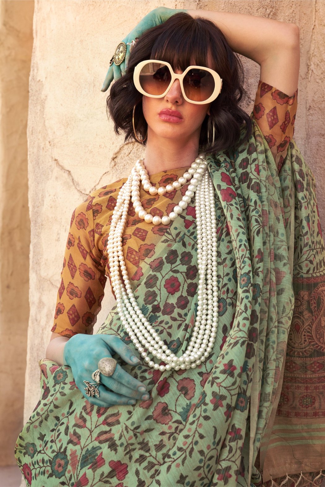 Buy MySilkLove Avocado Green Tissue Handloom Printed Saree Online