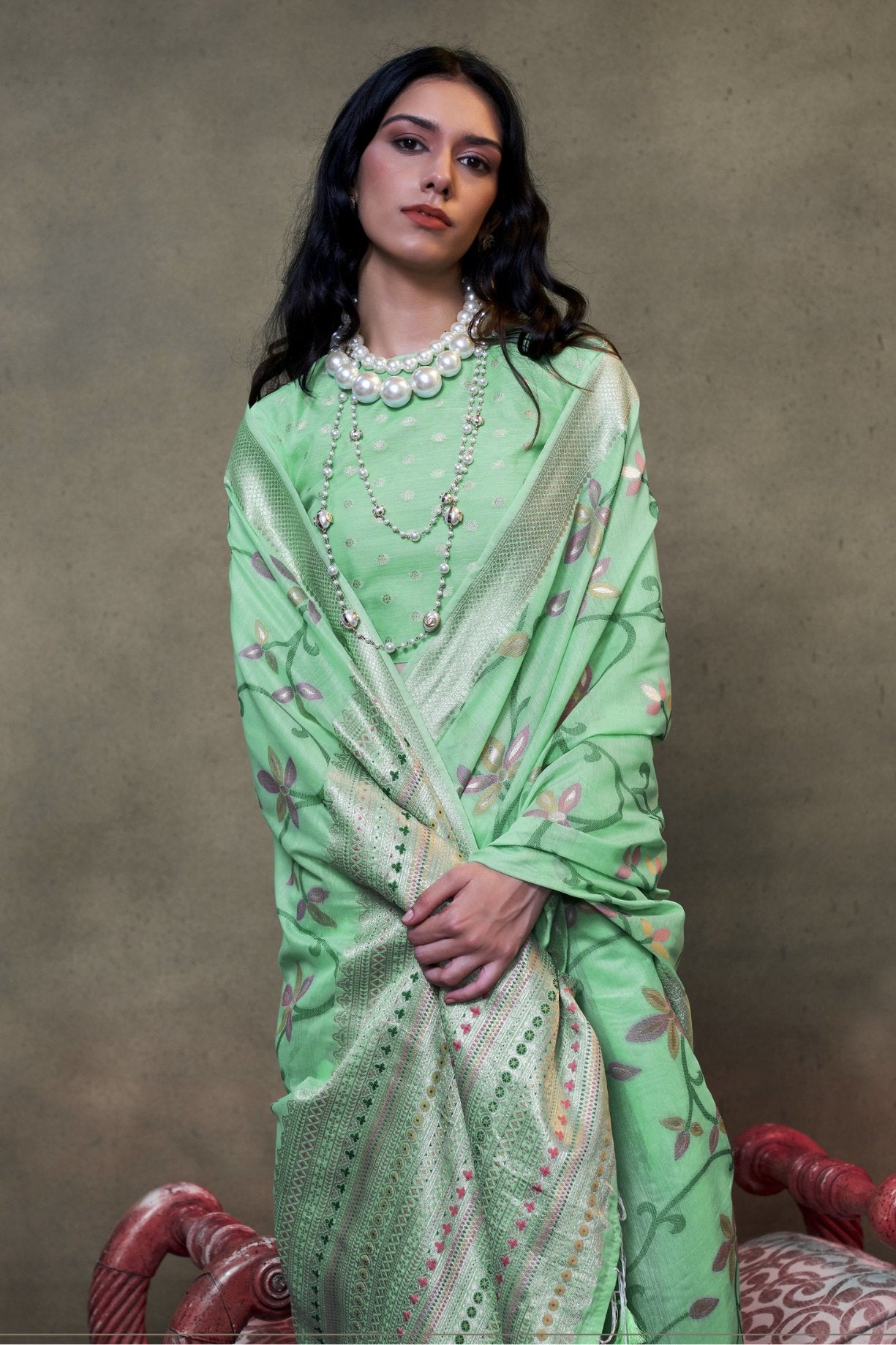 Buy MySilkLove Pista Green Handloom Jamdani Saree Online