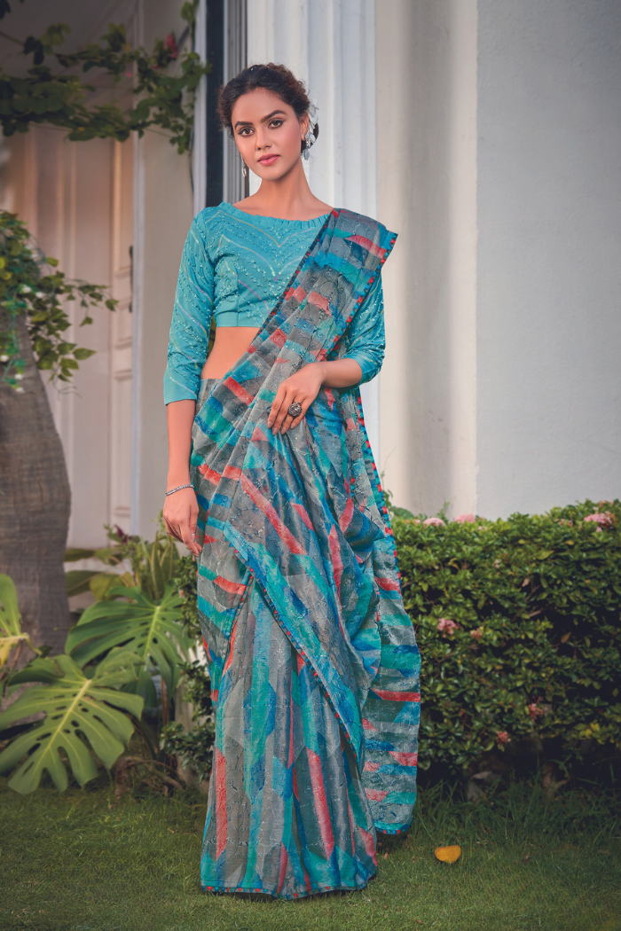 Buy MySilkLove Boston Blue Georgette Chiffon Saree Online