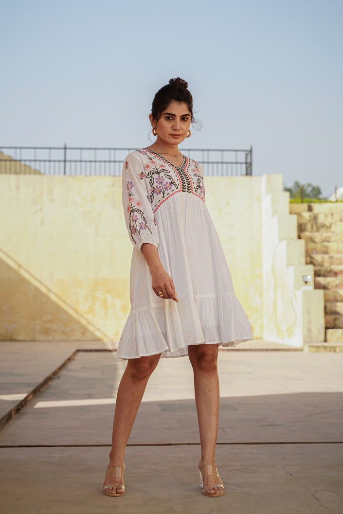 Buy MySilkLove Soft White Thread Handmade Embroidery Dress Online