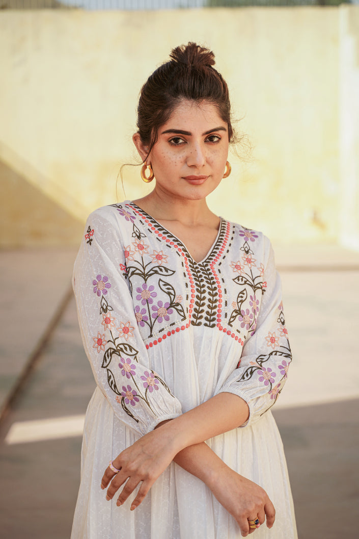 Buy MySilkLove Soft White Thread Handmade Embroidery Dress Online