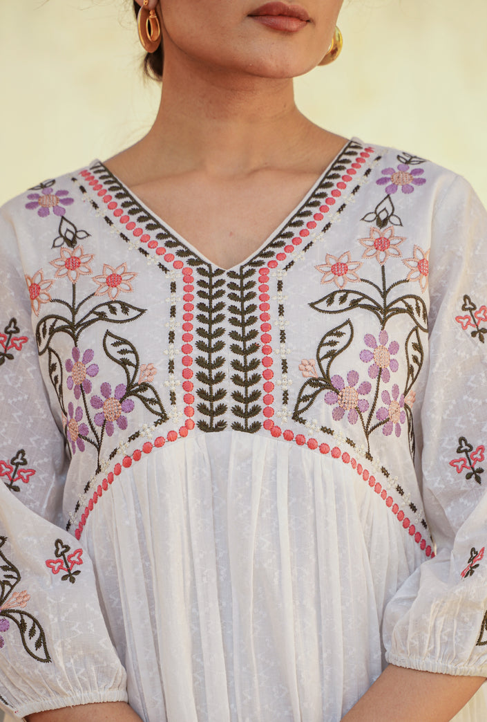 Buy MySilkLove Soft White Thread Handmade Embroidery Dress Online