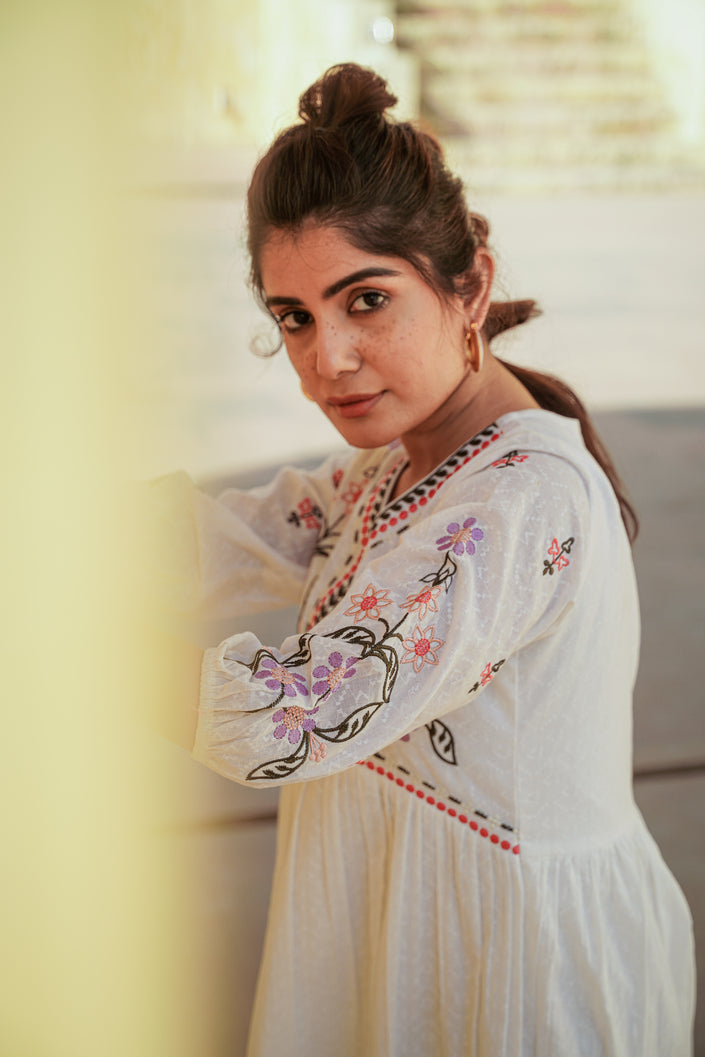 Buy MySilkLove Soft White Thread Handmade Embroidery Dress Online