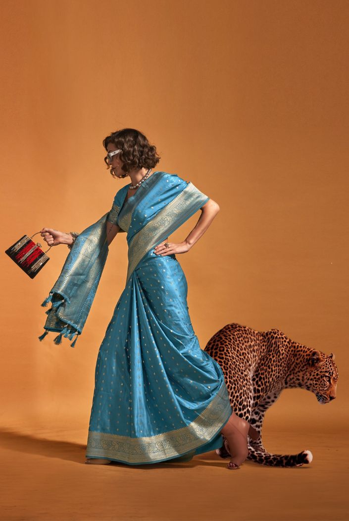 MySilkLove Steel Blue Handloom Satin Silk Saree