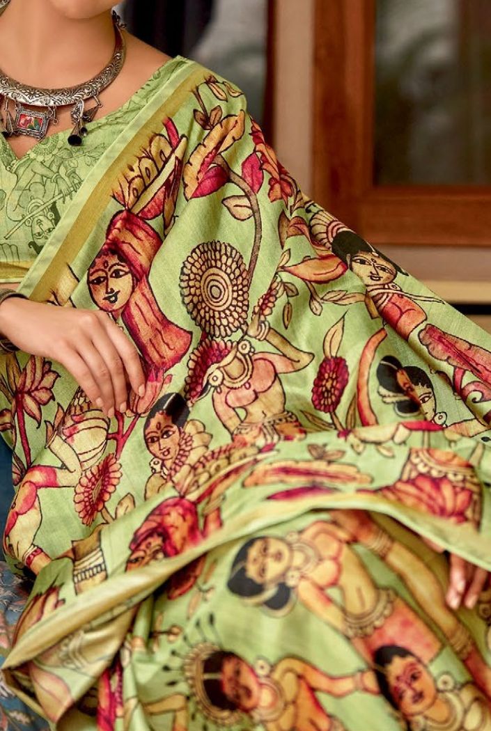 Buy MySilkLove Neon Green Chitrapatta Kalamkari Saree Online