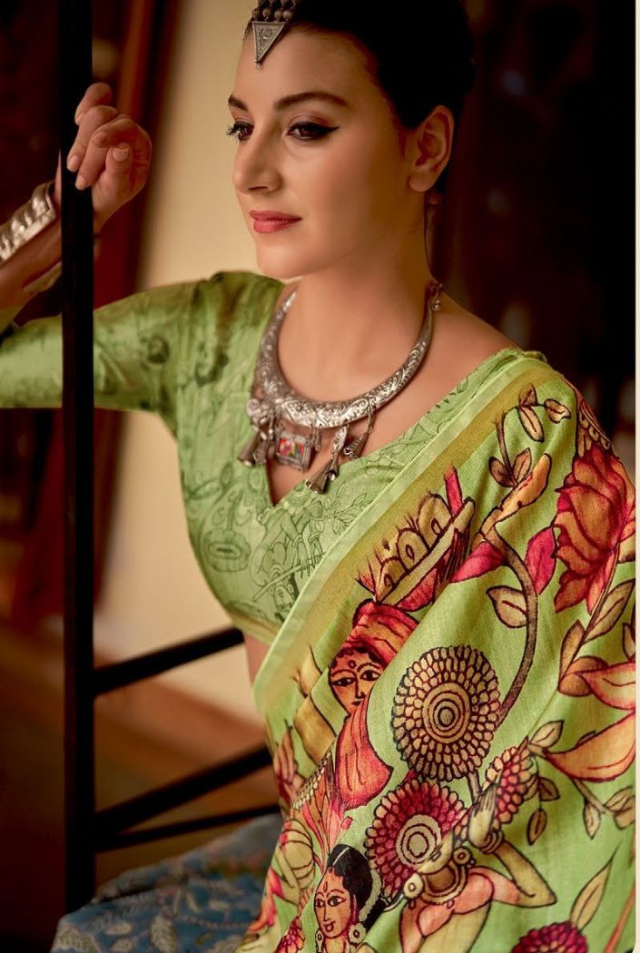 Buy MySilkLove Neon Green Chitrapatta Kalamkari Saree Online