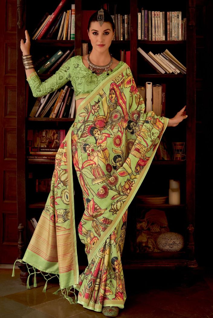 Buy MySilkLove Neon Green Chitrapatta Kalamkari Saree Online