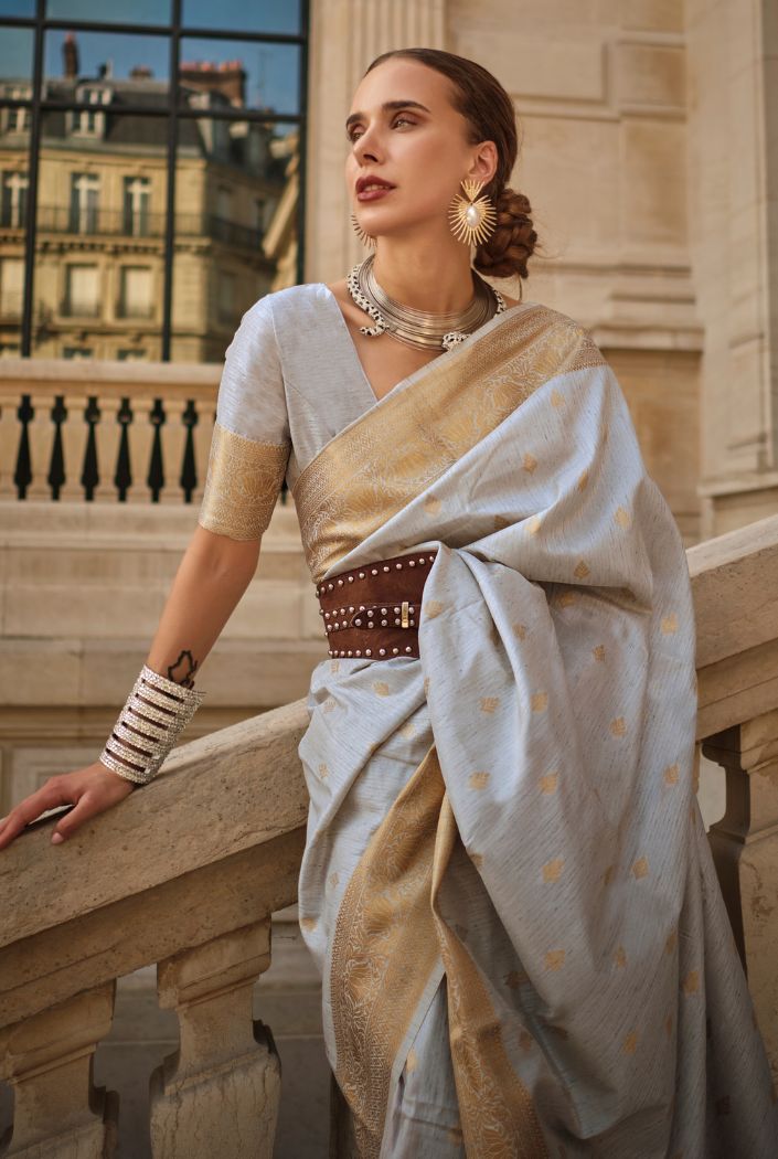 Buy MySilkLove Cadet Grey Banarasi Handloom Silk Saree Online