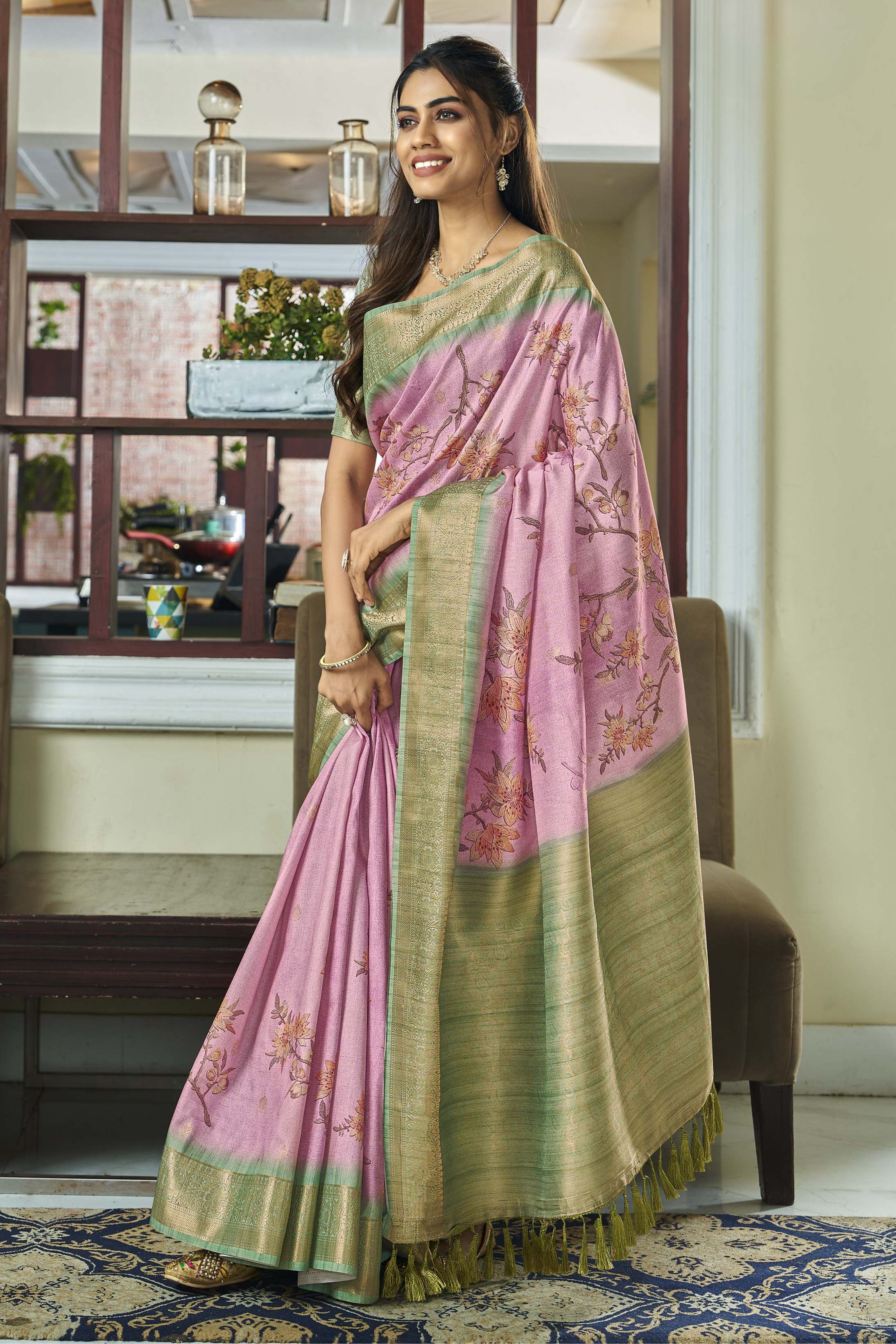 Buy MySilkLove Careys Pink Banarasi Digital Printed Soft Silk Saree Online