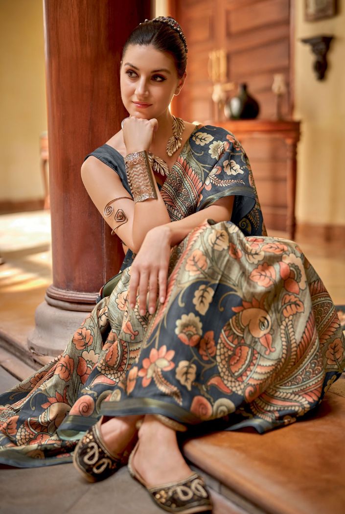 Buy MySilkLove Shadow Green Chitrapatta Kalamkari Saree Online